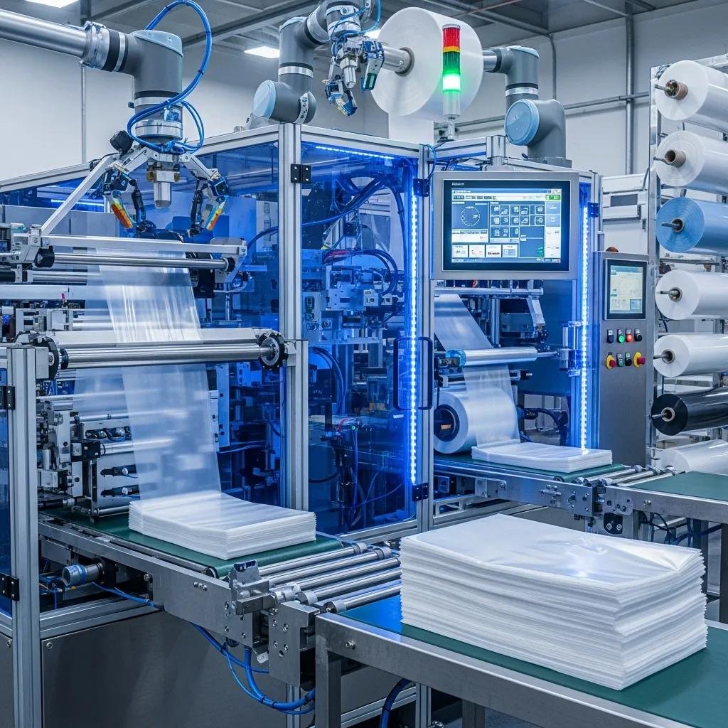 Automated plastic bag making machine showcasing advanced technology