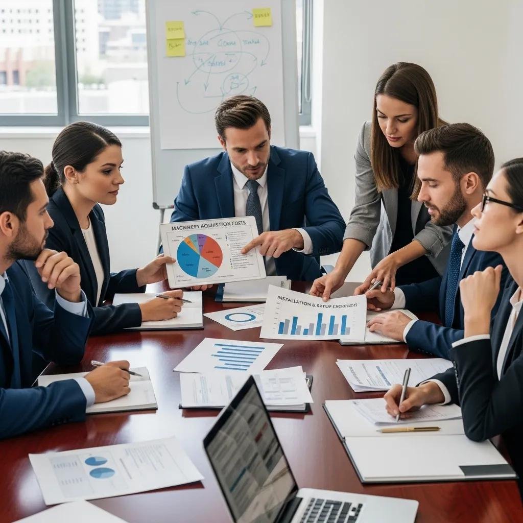 Business team discussing costs of bag manufacturing machinery in a meeting