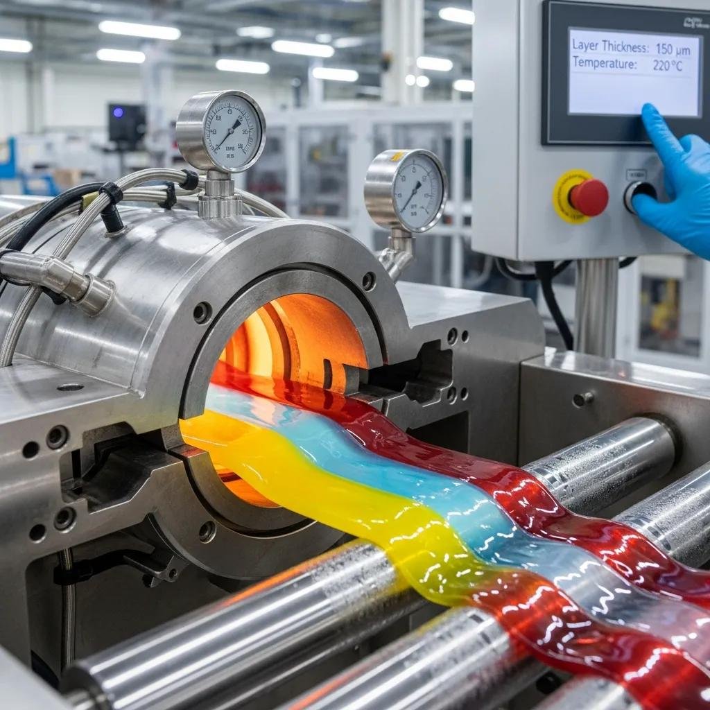 Co-extrusion process in a multilayer extruder, showcasing multiple layers of materials being combined