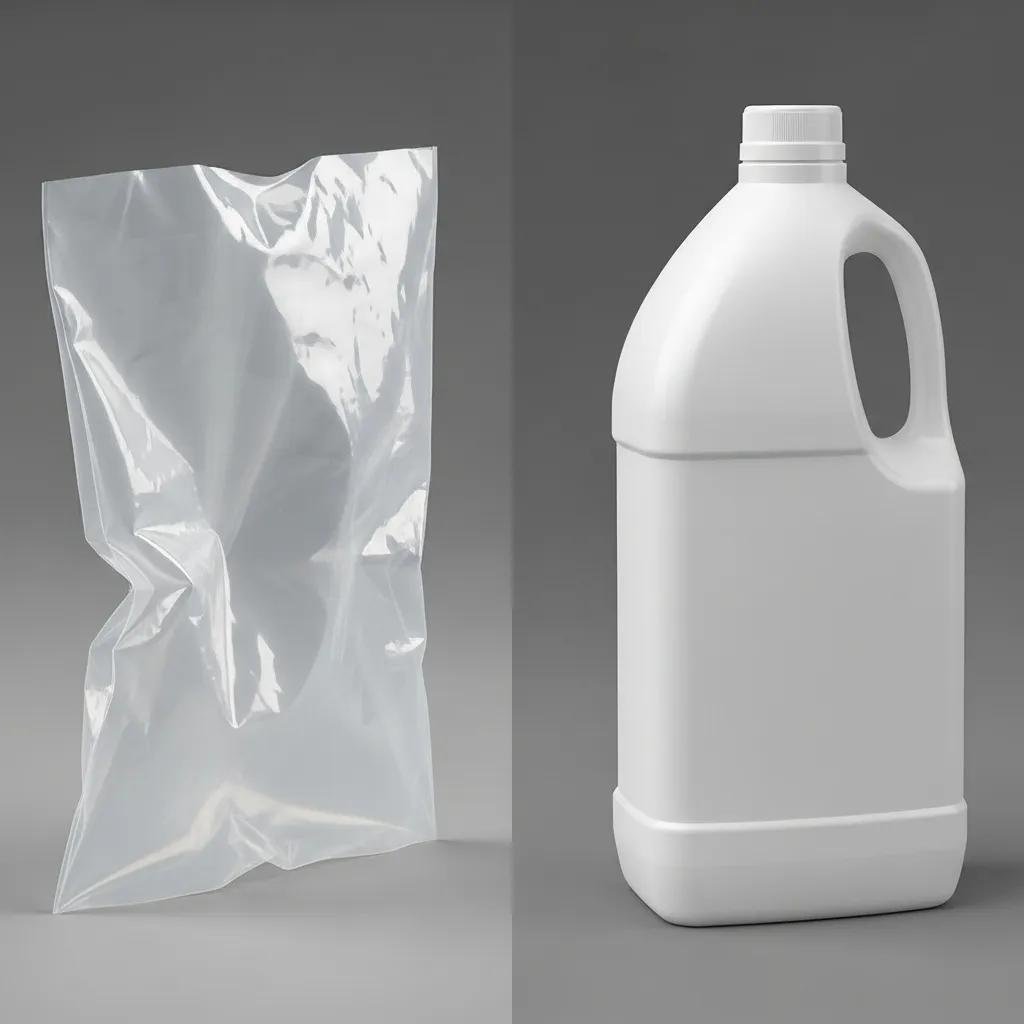 Comparison of LDPE and HDPE showcasing flexible bag and rigid container differences