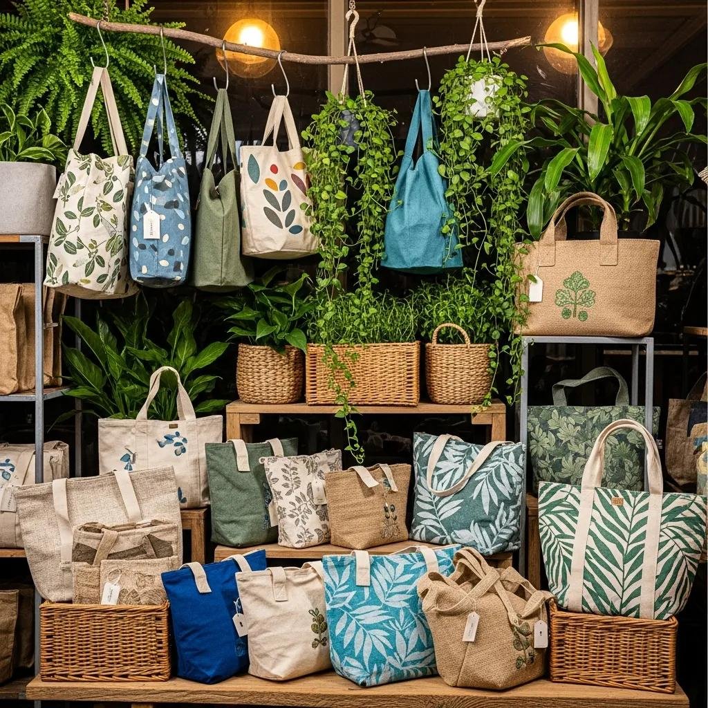 Eco-friendly bags made from sustainable materials displayed in a retail setting