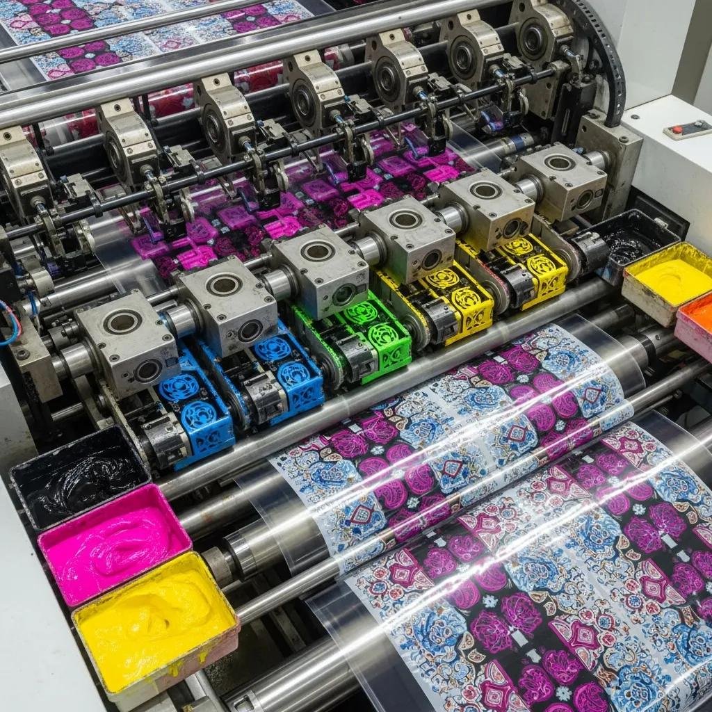 flexographic printing machine with colorful inks on plastic materials 72ec9a54 37e4 4692 ad09 54869b013c43