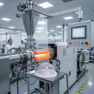 Modern blown film extruder in a manufacturing facility processing polymer materials