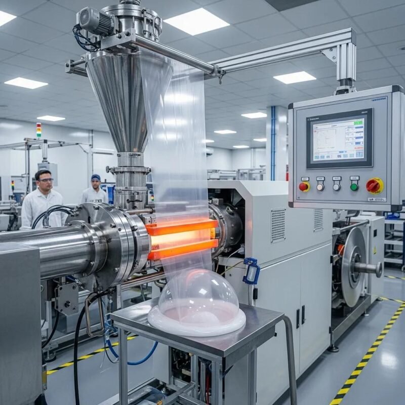 Modern blown film extruder in a manufacturing facility processing polymer materials