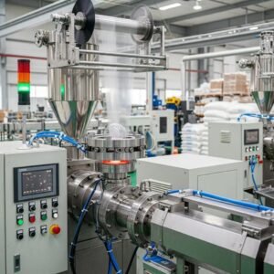 Modern blown film extruder machinery in a manufacturing environment