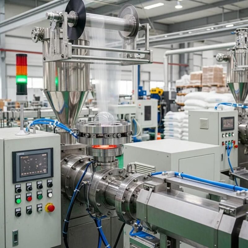 Modern blown film extruder machinery in a manufacturing environment
