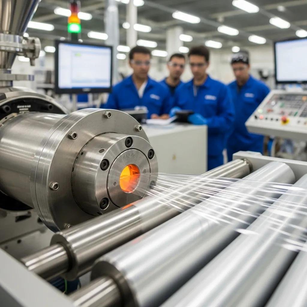 Monolayer extruder producing plastic film, highlighting operational simplicity and efficiency