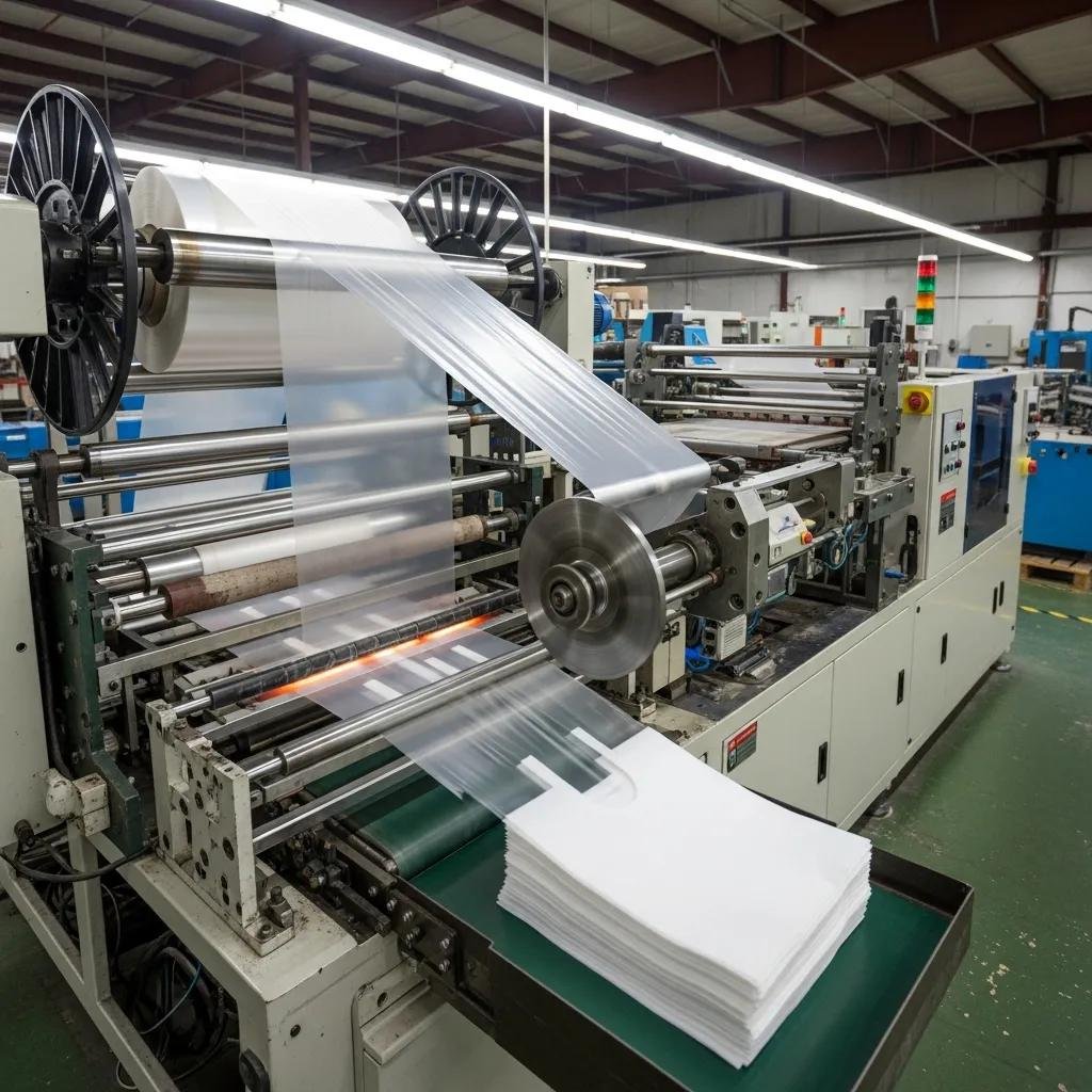 Operational process of a T-shirt bag making machine in a factory