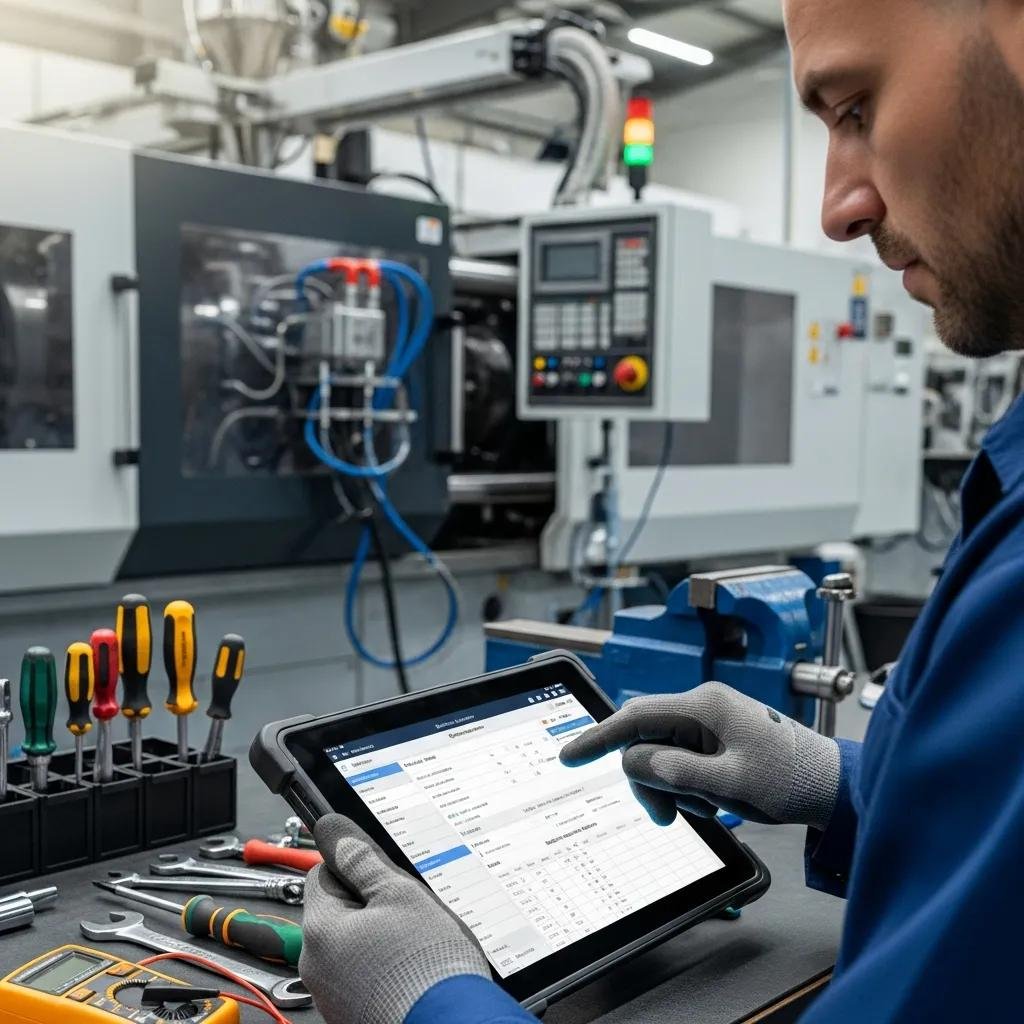 Technician developing a preventive maintenance program for plastic machinery