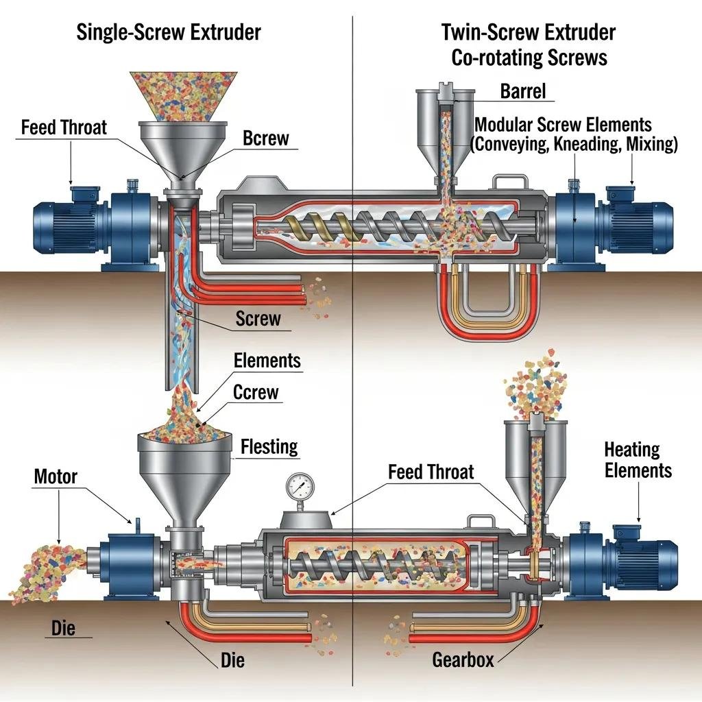 Different types of plastic recycling extruders including single-screw and twin-screw models