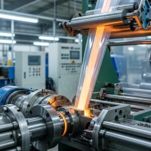 Industrial plastic film extrusion process with machinery and molten plastic