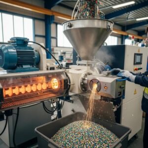Modern plastic recycling extruder processing waste into reusable pellets