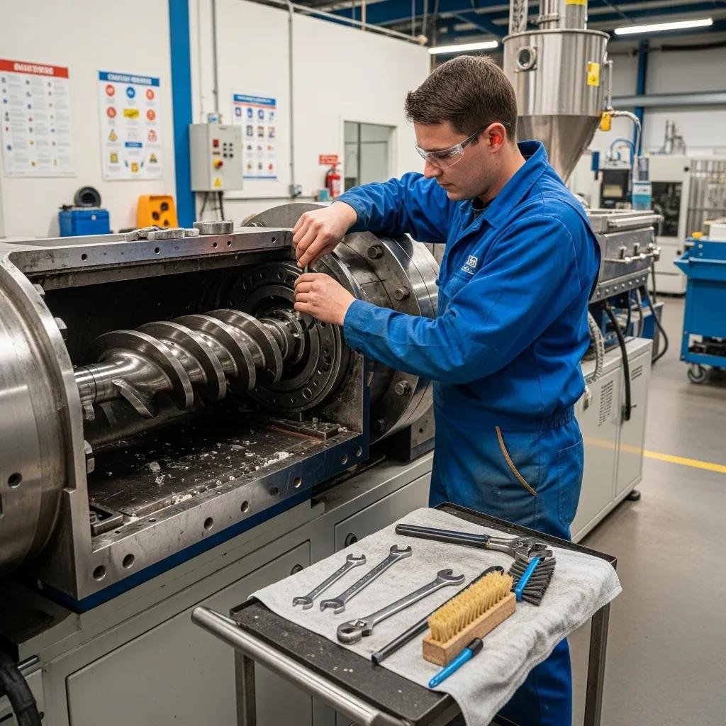 Technician performing maintenance on a plastic recycling extruder, focusing on key components