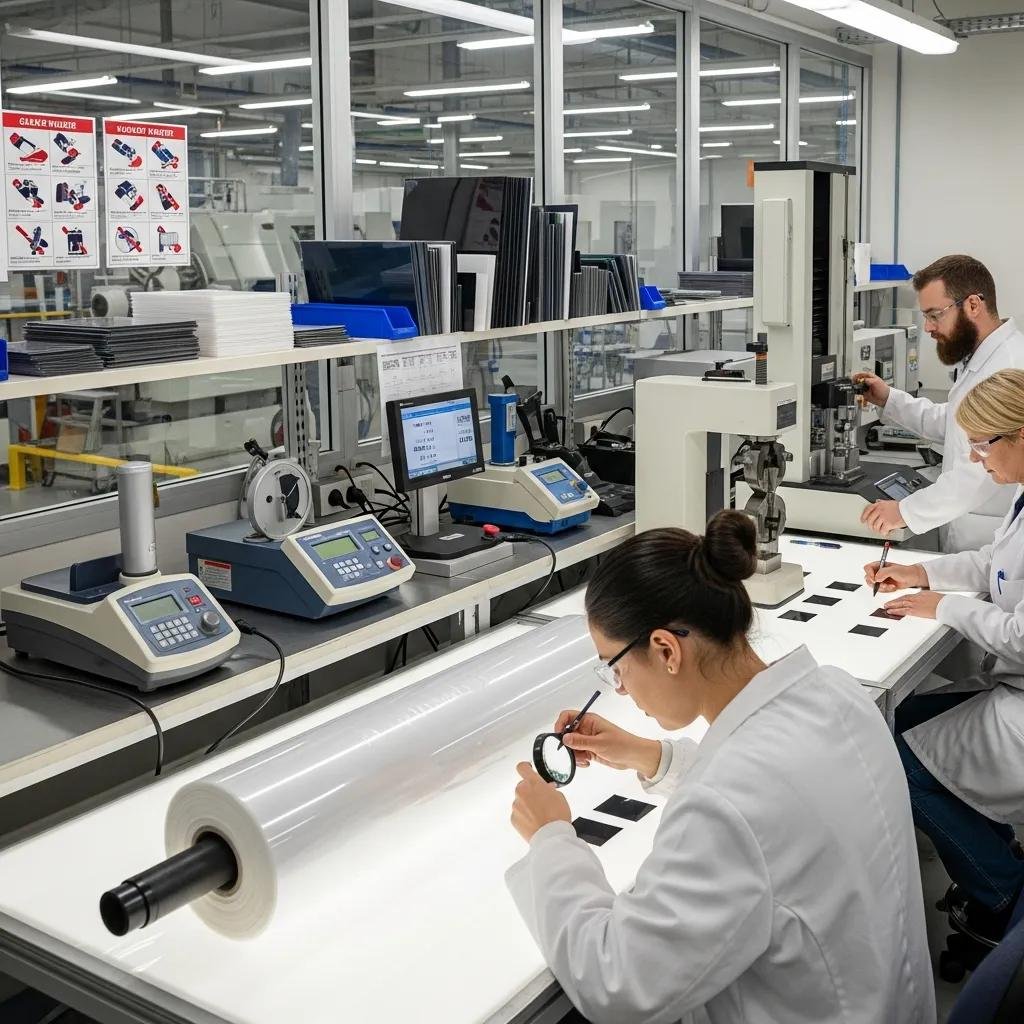 Technicians performing quality control on plastic film production samples